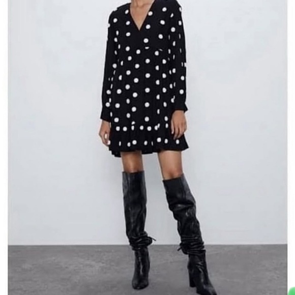 Zara Dresses & Skirts - ZARA Black White POLKA DOT EMBROIDERED DRESS Ruffled V-neck Size S RN 77302